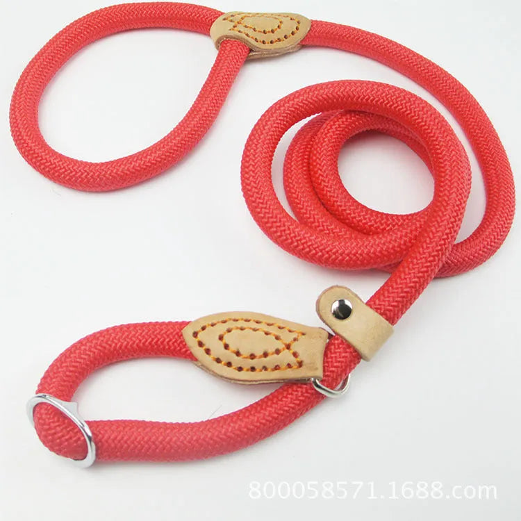 Brown nylon P-chain dog leash with hand holding rope measuring 2.1 metres long