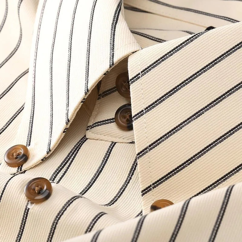 Coffee-coloured men's long-sleeved slim-fit business shirt with wool lining on a hanger