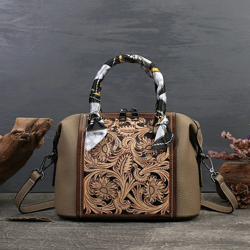 Vintage brown genuine leather messenger bag with multiple pockets shown open, revealing internal organiser sections.