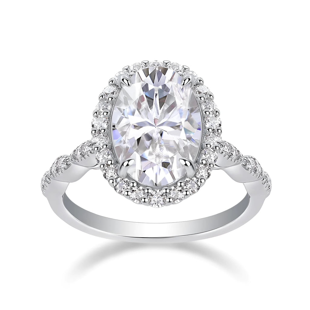 Egg-shaped moissanite wedding ring set in S925 silver with platinum plating, 8x12mm stone, sizes 5-9