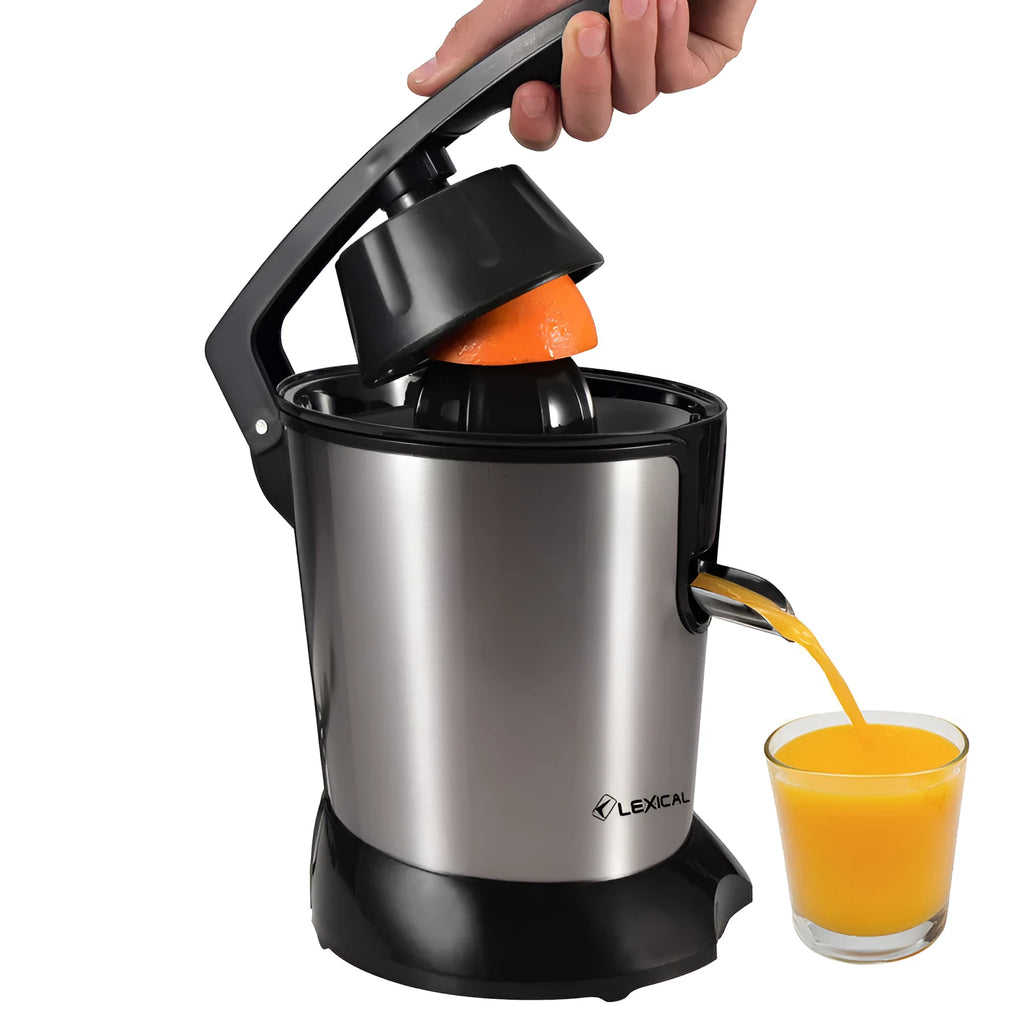 Stainless steel manual citrus juicer with vertical screw rod for lemon and orange juice separation.