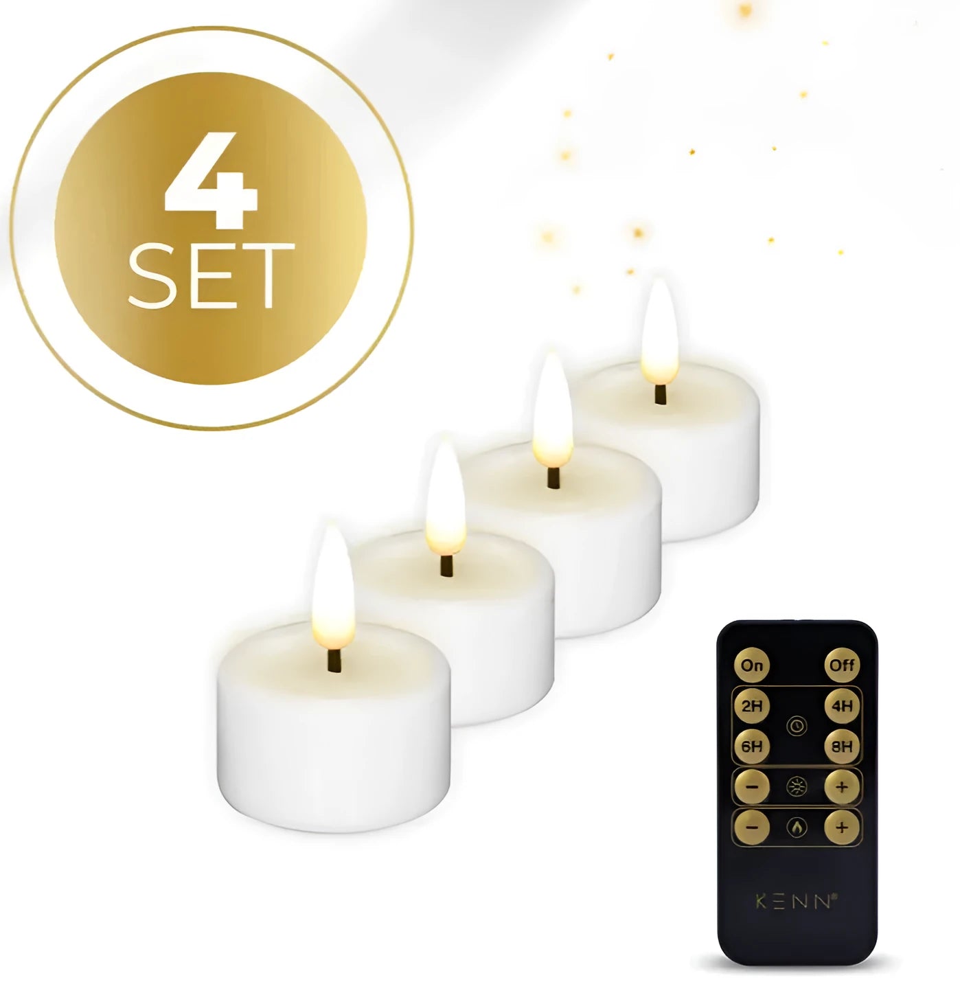 Set of four white S4 LED flameless tealight candles showing realistic flickering flame effect.