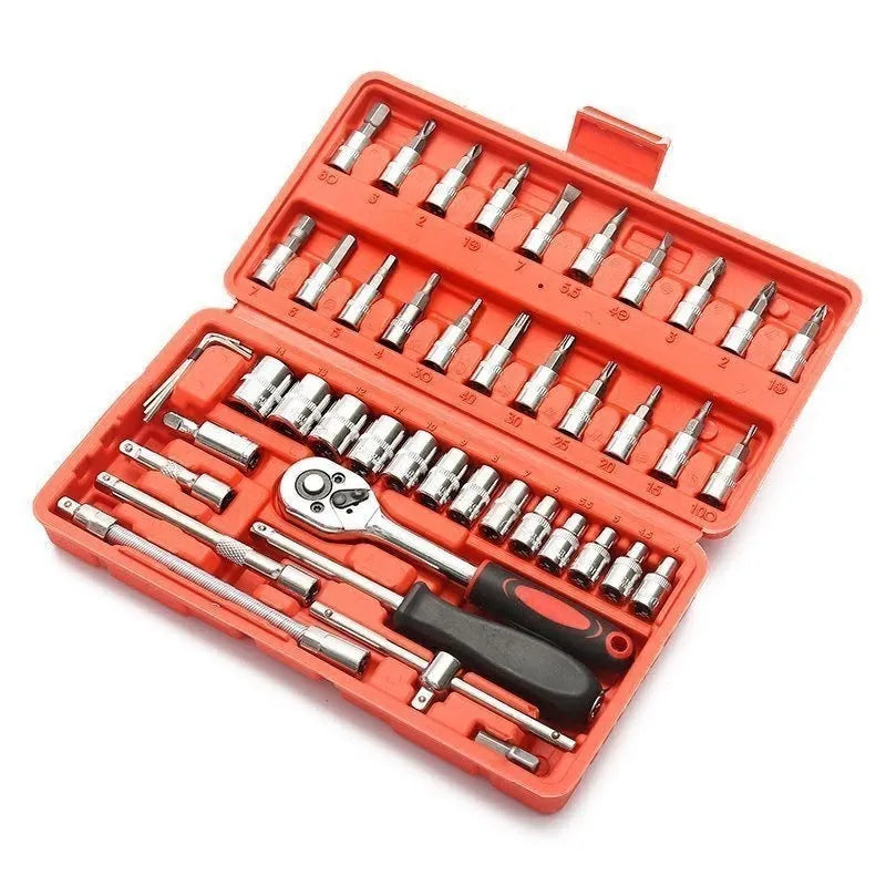 53-piece socket wrench tool set in red and black box for household hardware repair