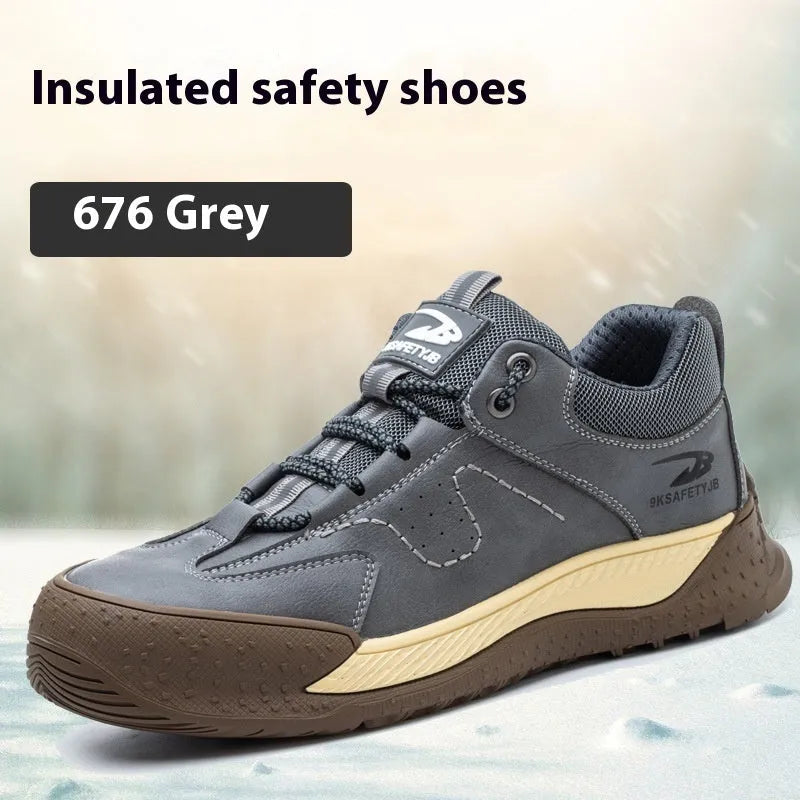 Flyknit leather work safety shoe with rubber sole in black, shown on a grey background