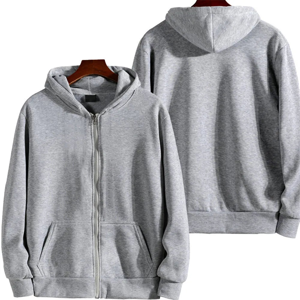 Men's loose fit solid colour zip-up sports jacket on a hanger