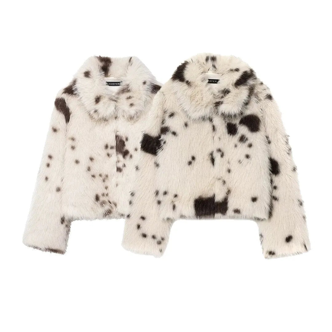 Women's artificial fur animal pattern coat with faux fur collar in brown or black coffee, long sleeves, sizes XS to L