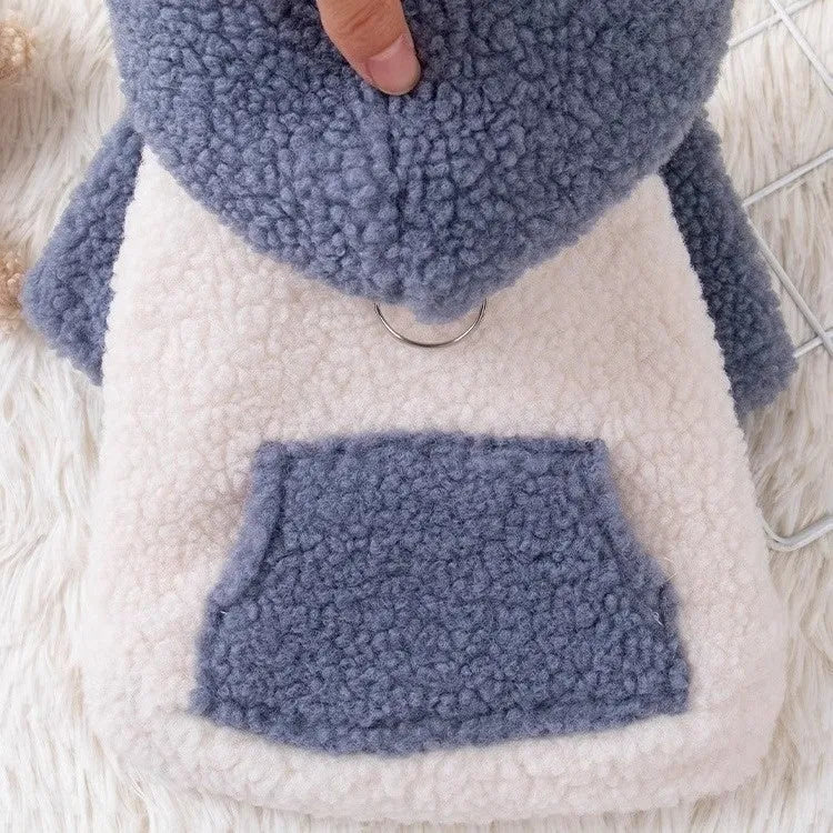 Blue thickened cotton pet hooded coat shown on dog model with size range displayed