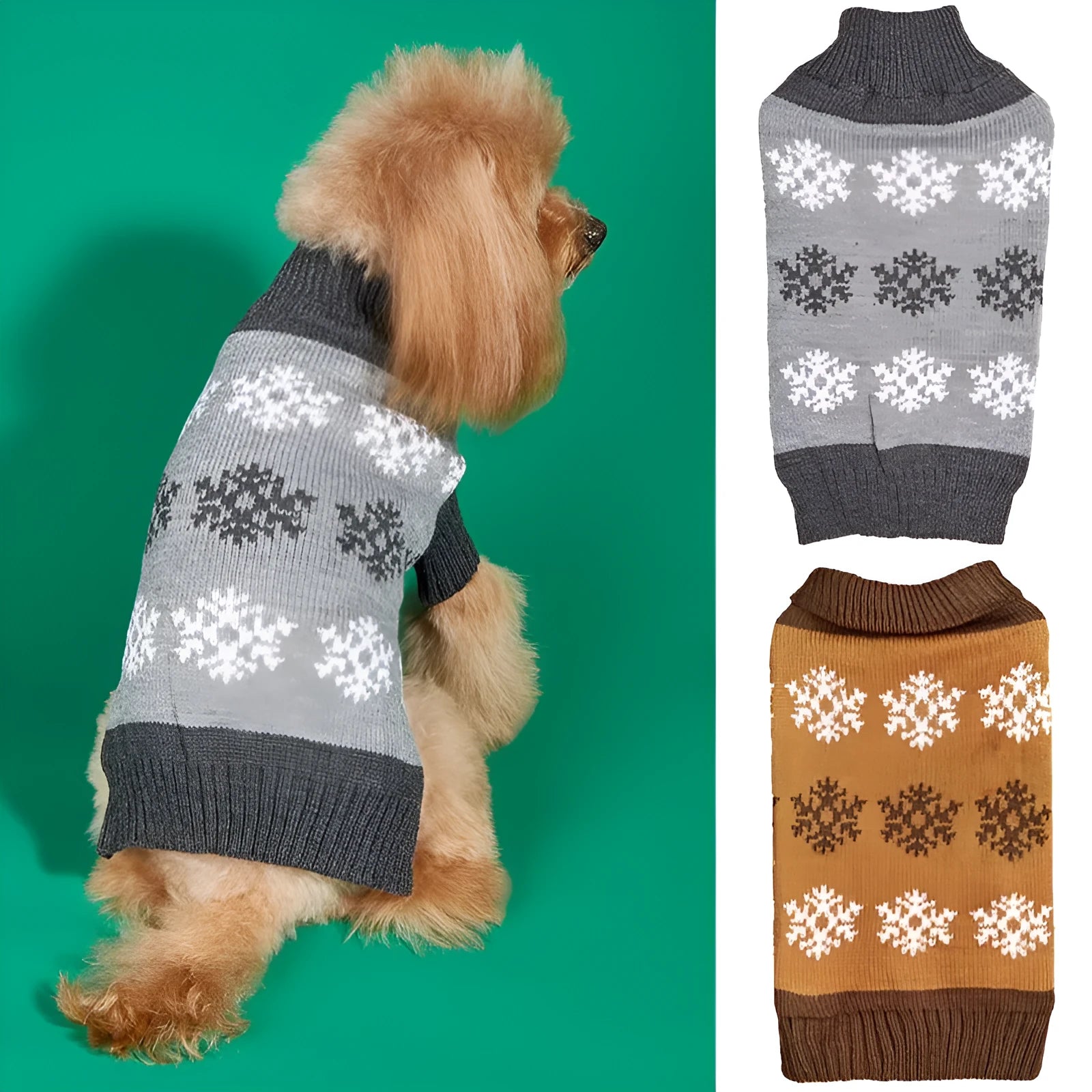 Brown and grey dog sweater with snowflake pattern for Christmas and winter wear.