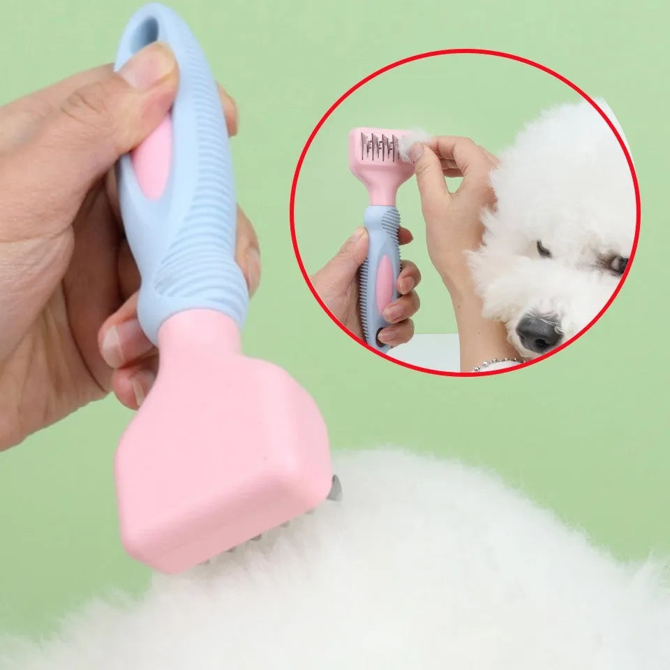 Stainless steel pet grooming comb with rubber massage tips in pink or purple colour