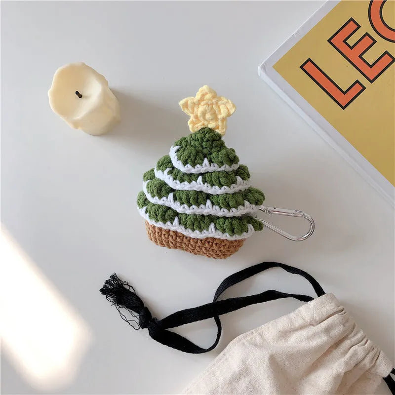 Knitted green Christmas tree AirPods case with hook, flip-type cover for AirPods Pro and AirPods 1/2