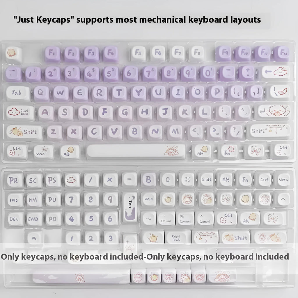 Gradient purple PBT keycaps with sublimation printed rabbit designs for mechanical keyboards