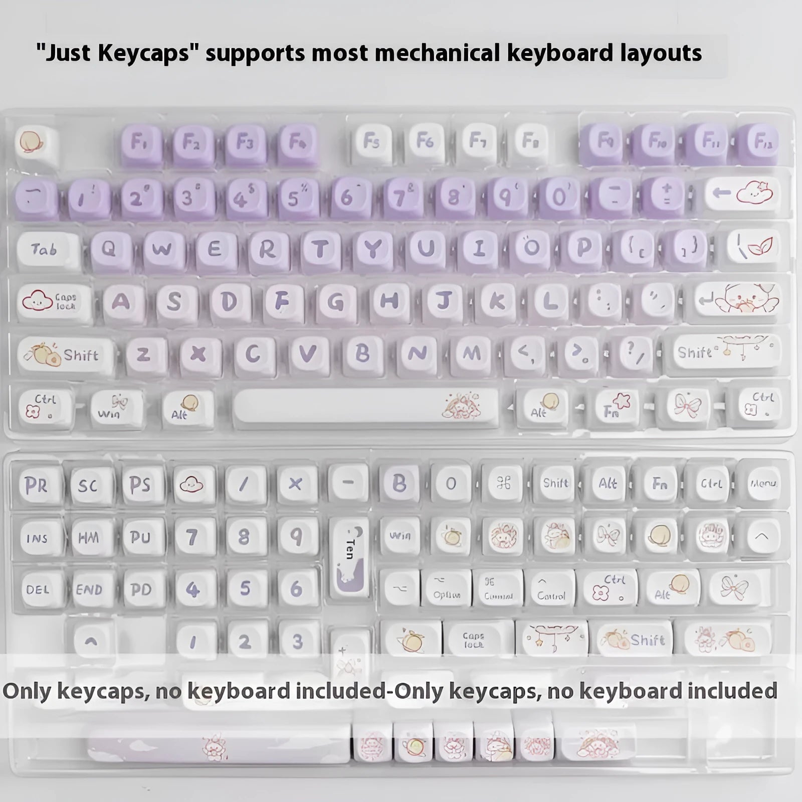 Gradient purple PBT keycaps with sublimation printed rabbit designs for mechanical keyboards