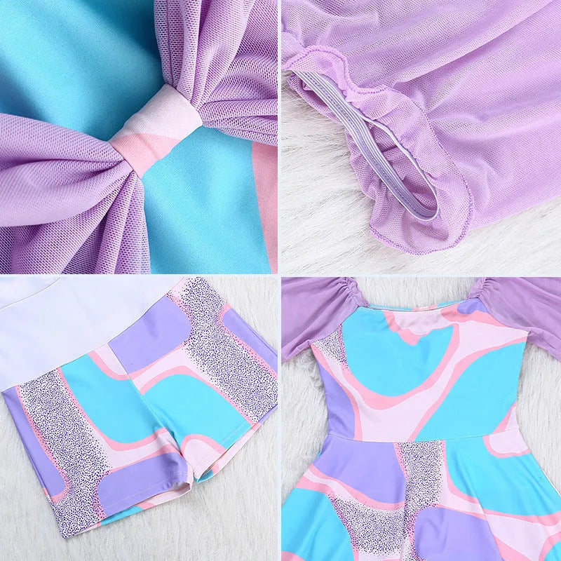 Women's high waist one-piece swimsuit with floral pattern in light purple or light blue