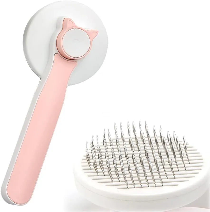 Self-cleaning cat brush with blue handle and rubber-tipped metal pins