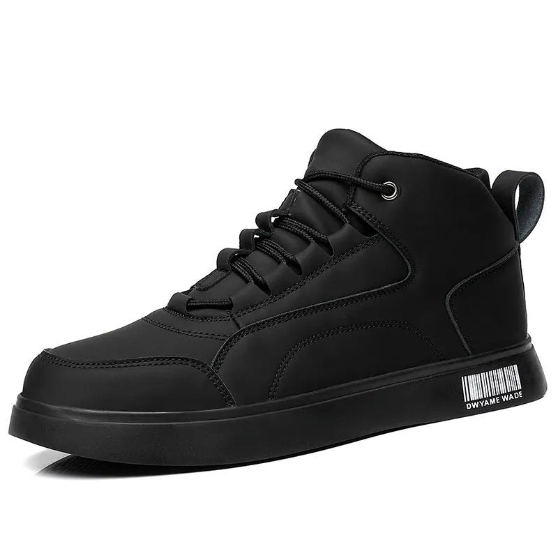 Men's white mid-top casual lace-up board shoes with a round toe and flat rubber sole.