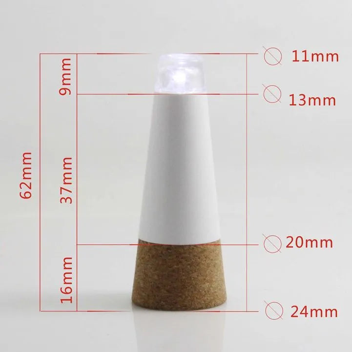 White plastic LED bottle cap light with 15 LEDs, shown on a glass bottle neck.