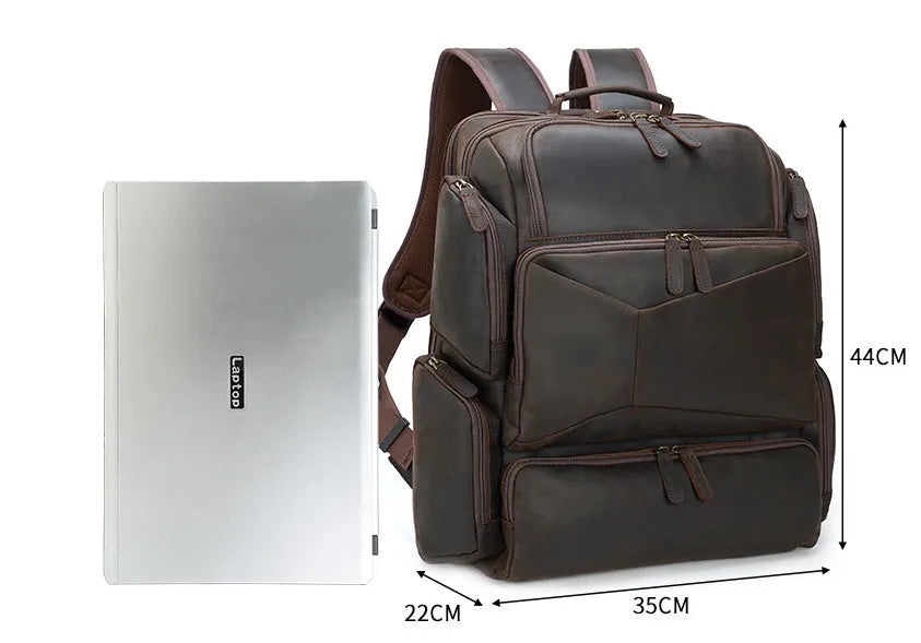 Dark brown retro crazy horse leather men's backpack showing external pockets and internal organiser for a 17-inch laptop.
