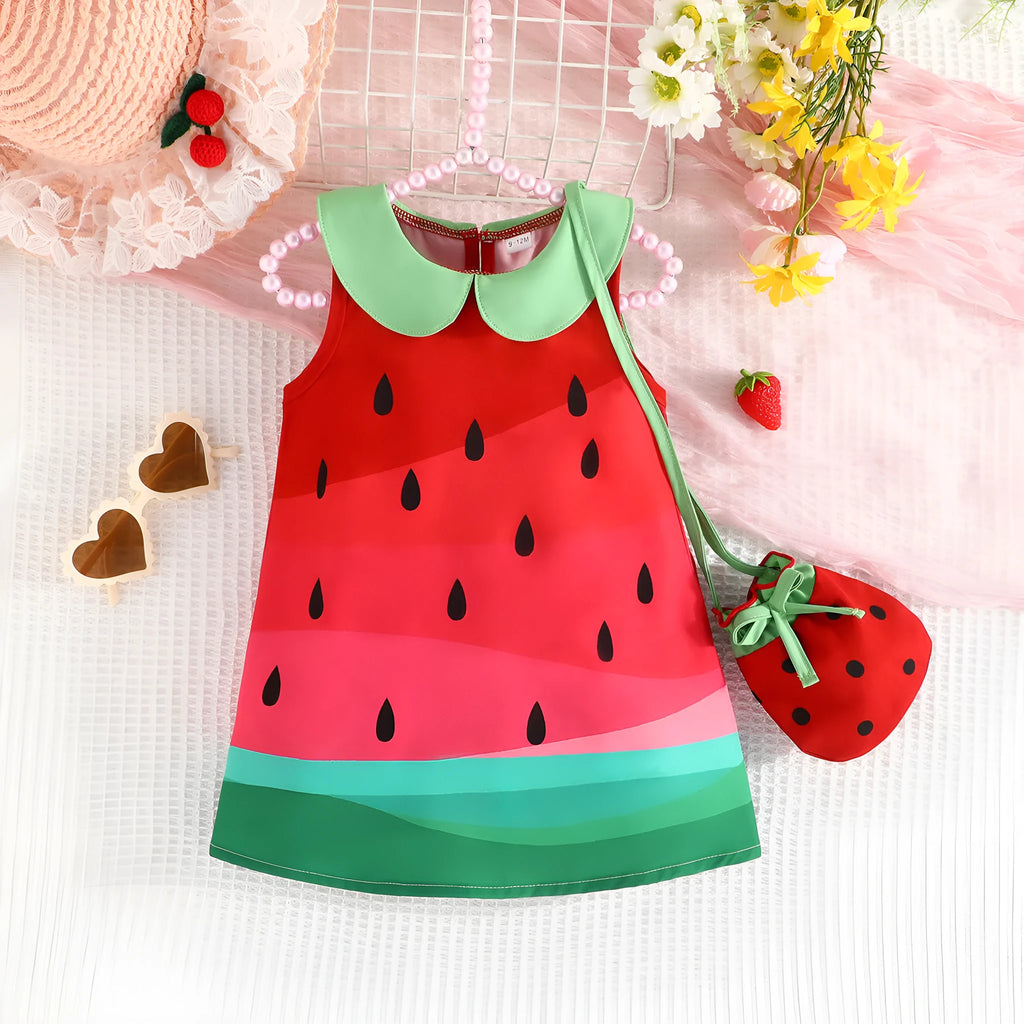 Girls fruit printed sleeveless dress in cartoon pattern, polyester fibre, available in sizes 6 months to 3 years
