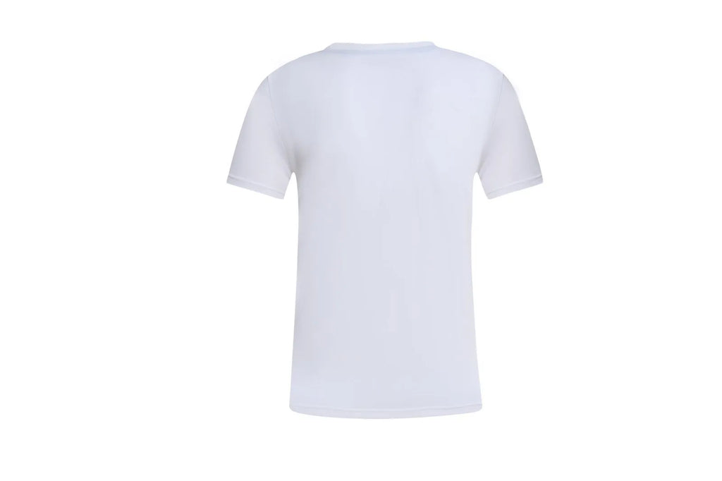 White patterned cotton pullover top with short sleeves on a hanger