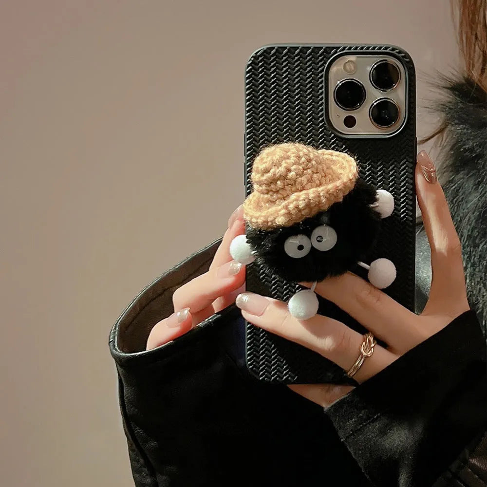 Plush coal ball phone case for iPhone, soft TPU shell, black, with 3D hairy doll design