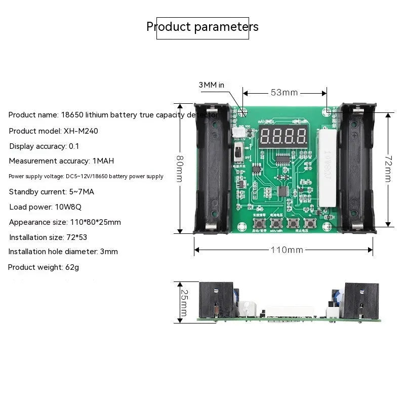 18650 lithium battery capacity internal resistance tester with LCD display and Type-C port