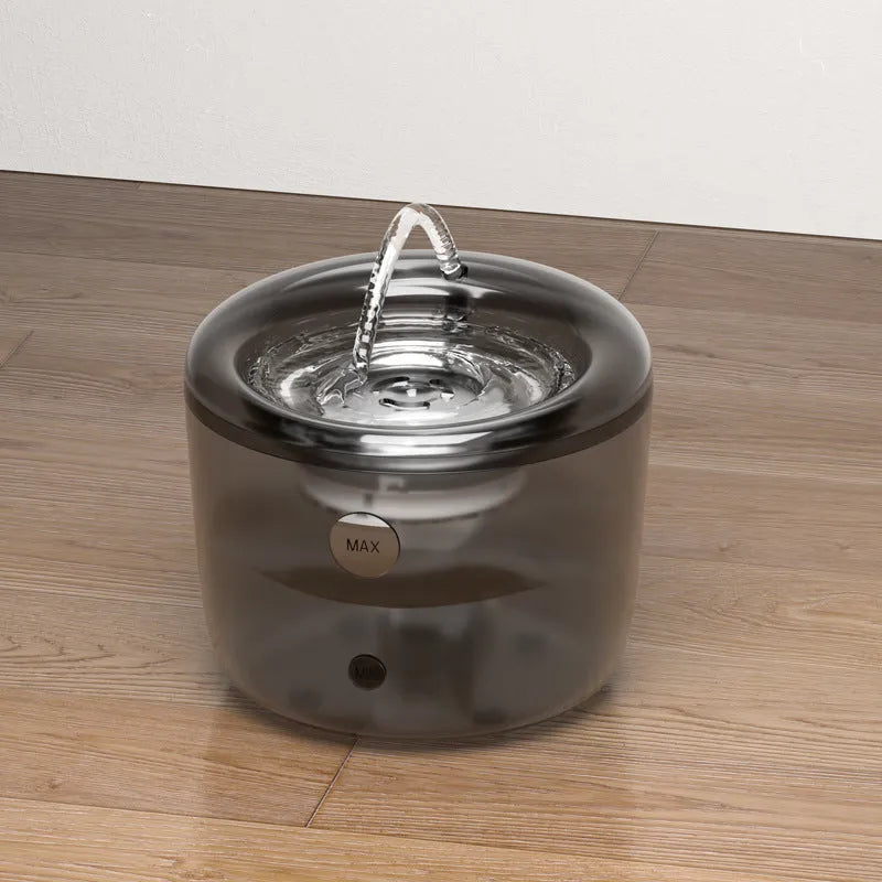 Grey automatic pet water fountain with USB power cable and circulating filter system