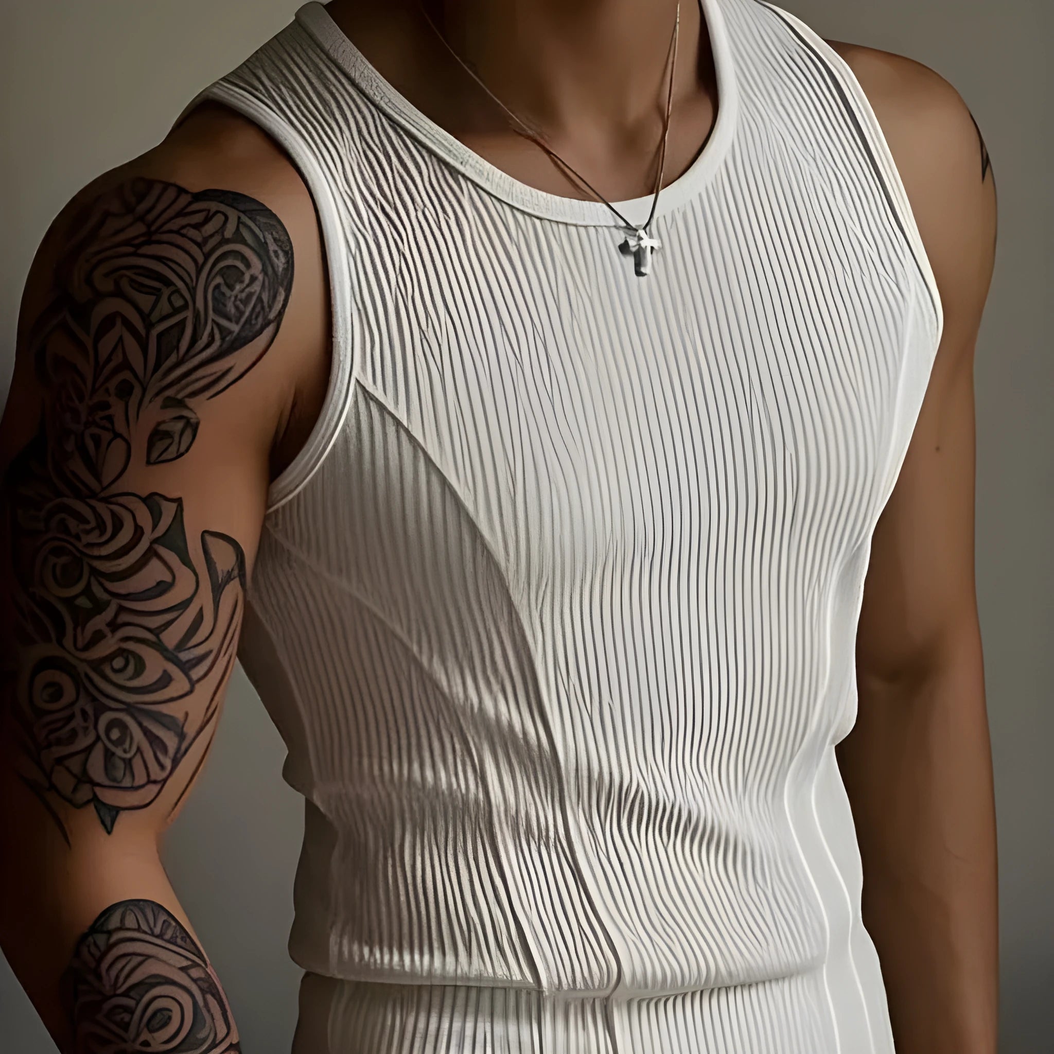 Men's black tight-fitting I-shaped polyester tank top vest on a white background.