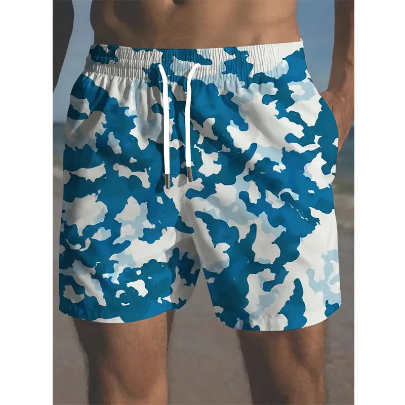 Men's polyester beach shorts with micro elasticity in a printed streetwear design, available in multiple colours.
