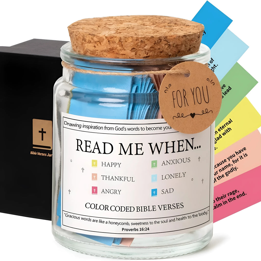 Glass Bible Verses In A Jar with cartoon decoration showing colourful verse strips inside