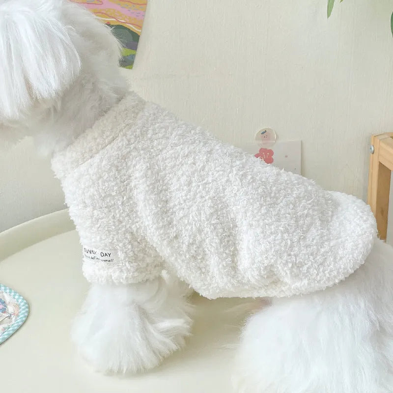 Reversible double-sided cloud velvet pet jacket shown in blue, for small dogs and puppies.