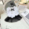 White polyester gauze princess-style skirt on a small dog, showing flowing design and fit.