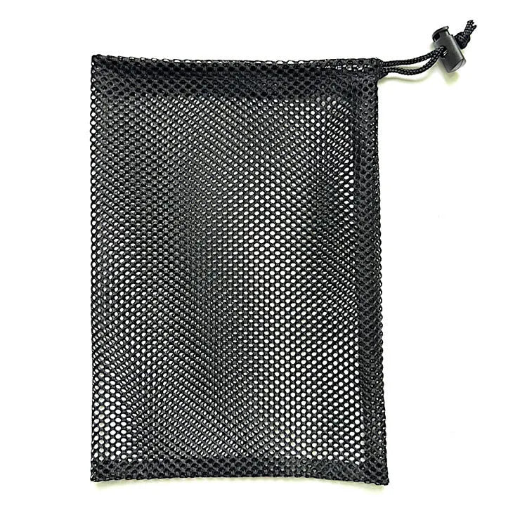 Black mesh drawstring storage bag for children's water balloon toys, shown with drawstring pulled closed.