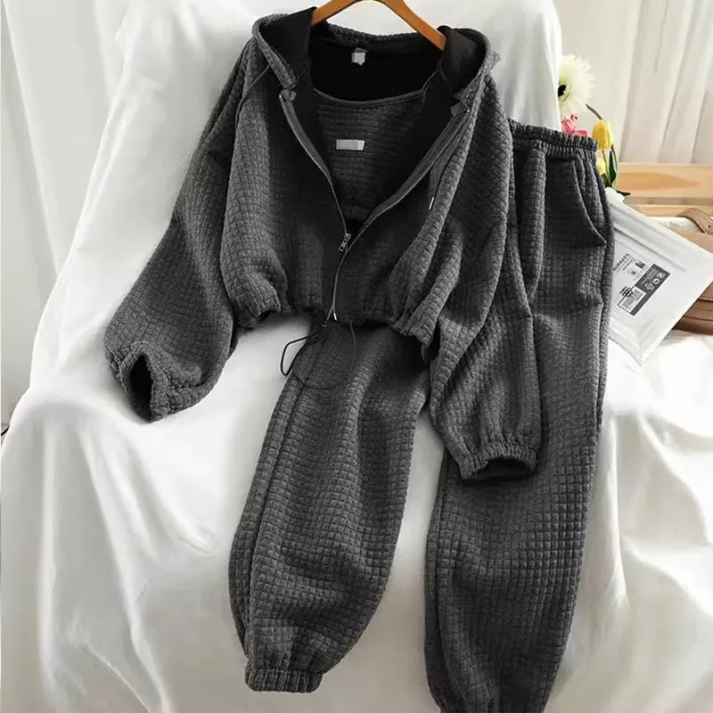 Waffle fabric hooded cardigan zipper sports three-piece suit in black with vest and trousers