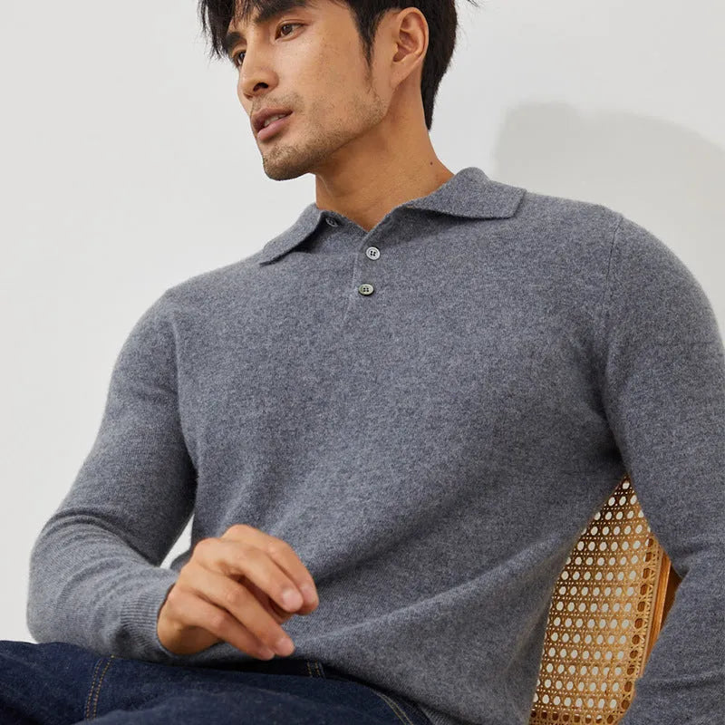 Men's blue cashmere polo collar pullover sweater on hanger showing loose fit design