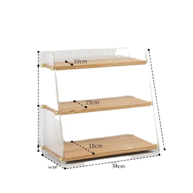 Office acrylic desk storage cabinet in wood colour finish with transparent acrylic sections on desktop