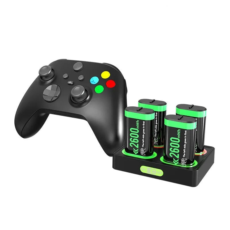 Black ABS battery charging base for Xbox One and Xbox Series S X controllers, 147 x 139 x 22 mm