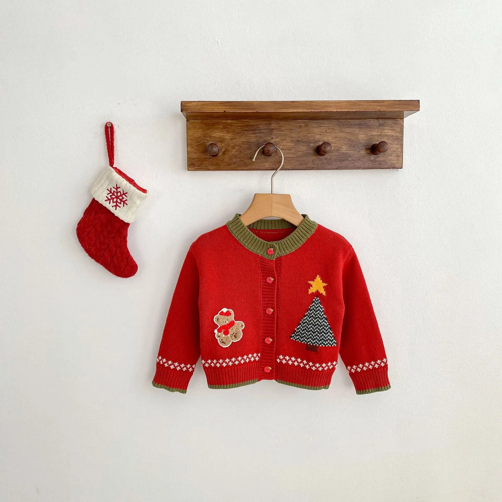 Children's cotton cardigan in French red with long sleeves, crew neck and single-breasted front, mid-length spring top