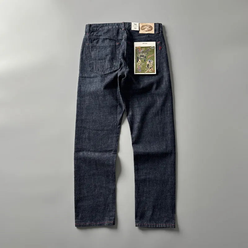 Men's straight leg American retro jeans in primary colour, showing mid-waist fit on a size chart.