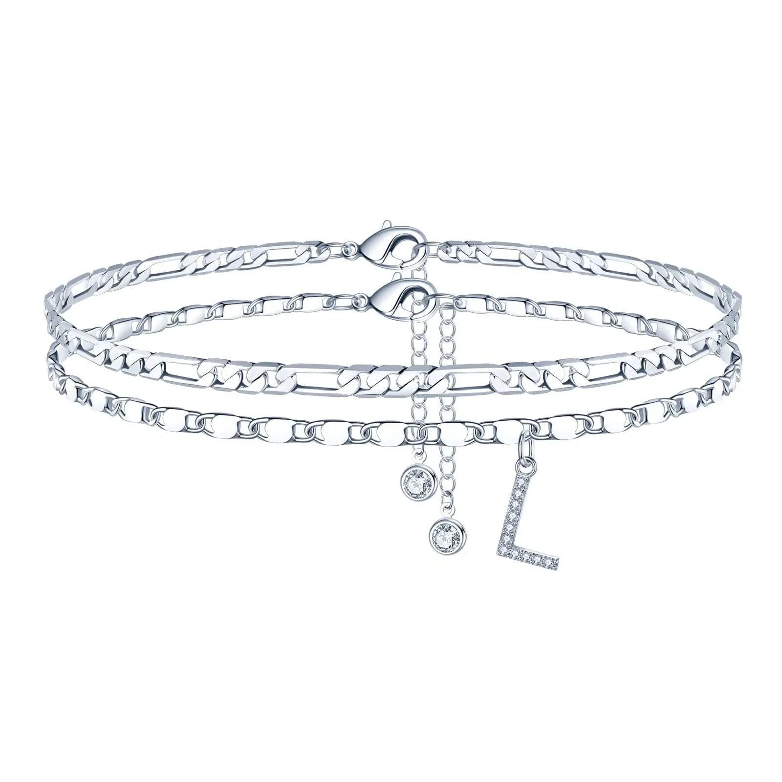 Silver-coloured double-circle bead copper anklet showing alphabet letter modelling on ankle.