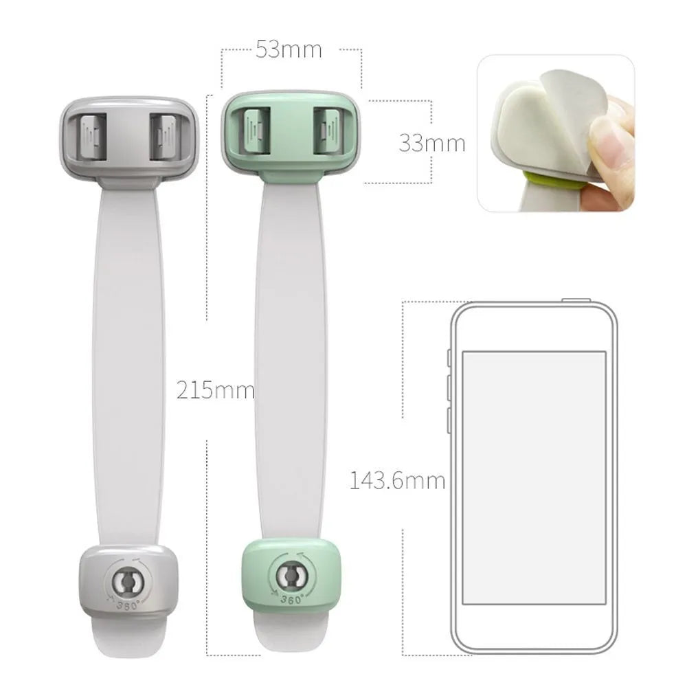 Adjustable grey child safety lock with strap for cabinets and drawers using 3M adhesive tape