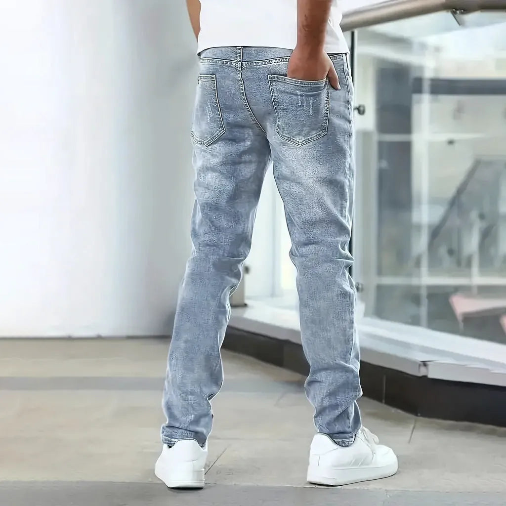 Men's straight-leg skinny jeans in black with high elasticity cotton fabric and zipper fly