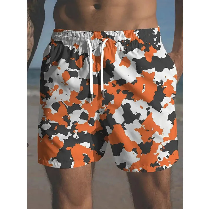 Men's polyester beach shorts with micro elasticity in a printed streetwear design, available in multiple colours.