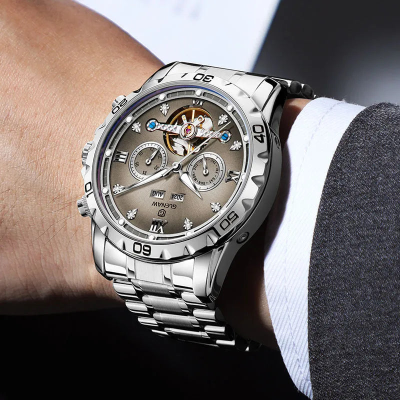 Men's automatic mechanical watch with stainless steel strap and metal case in various colour combinations.