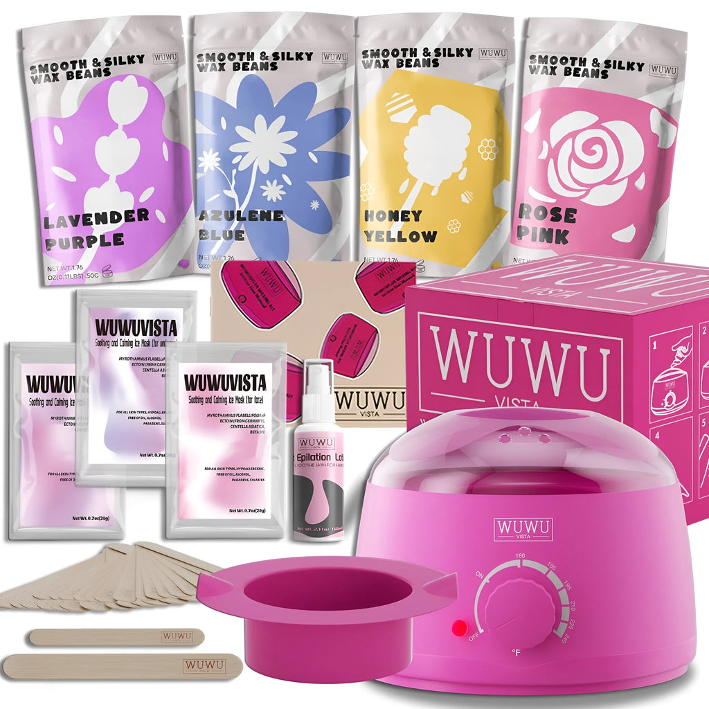 Black and pink hard wax kit with warmer, wax beans, sticks, lotion, and ice masks for body hair removal.