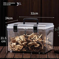 Transparent acrylic plastic storage box with a lockable lid, shown in 4L, 8L, and 11L size options.