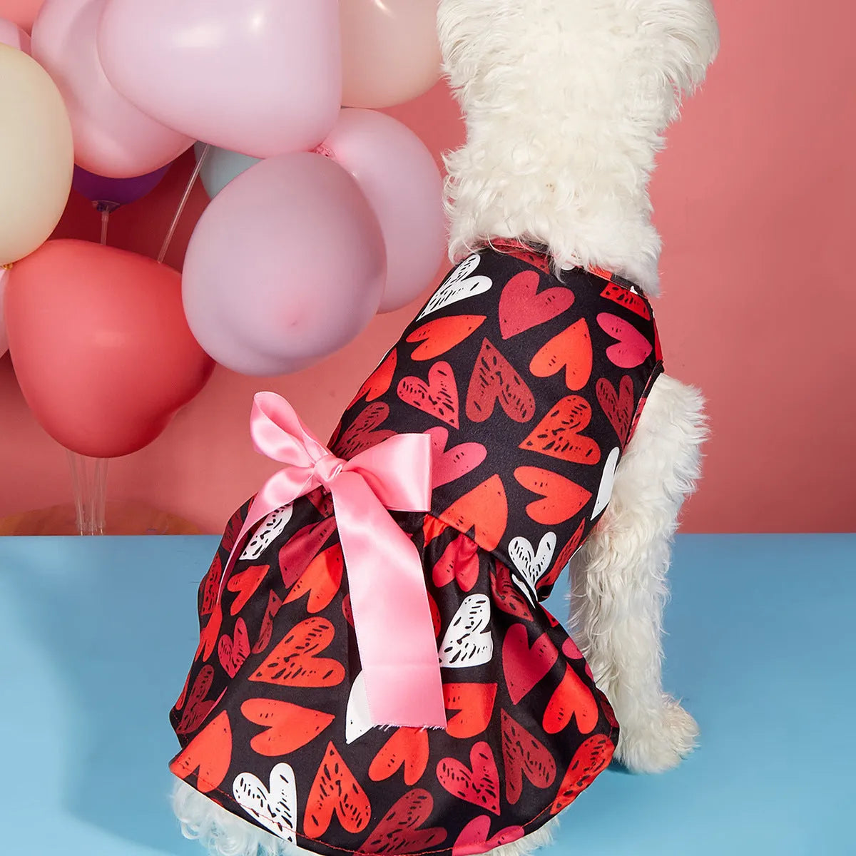 Pet dog or cat wearing full printed Valentine's Day love dress in white, polyester princess style, side view