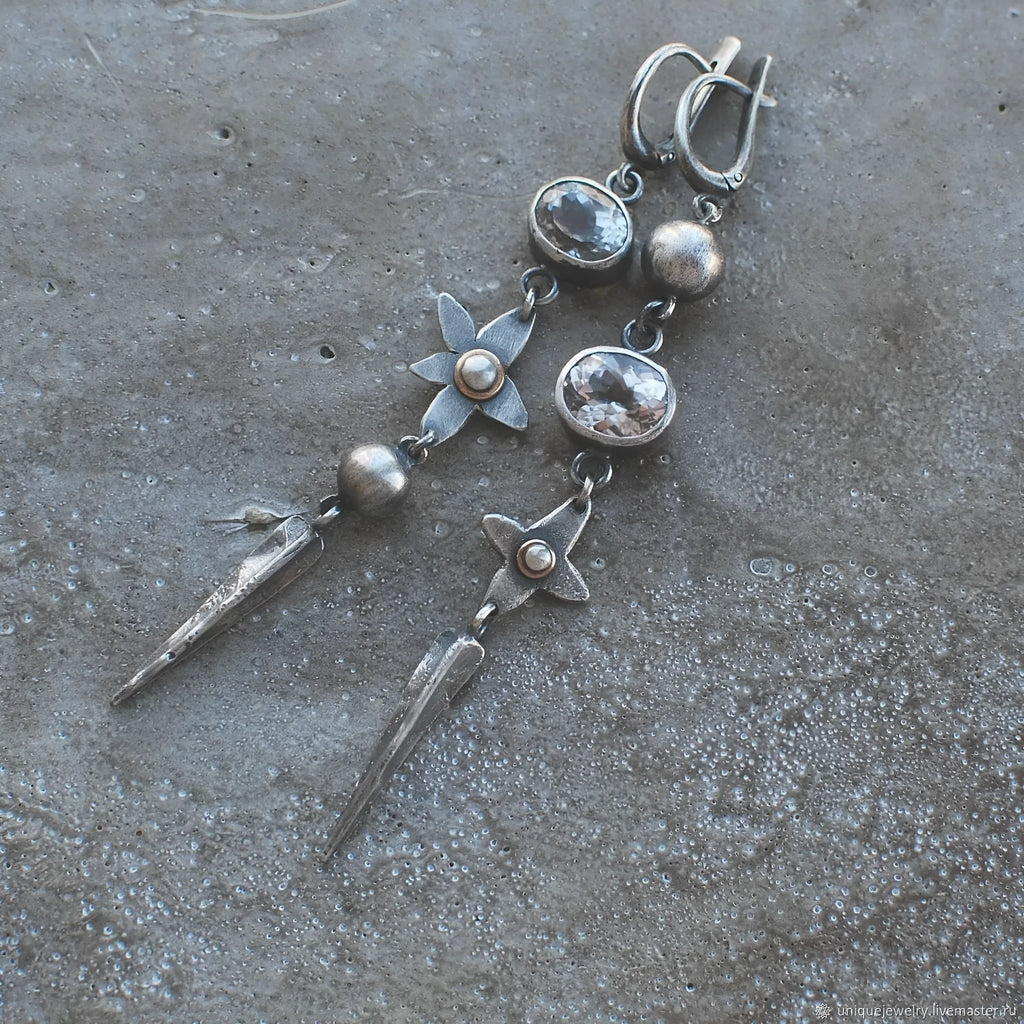 Geometric long pendant ear studs with antique silver plating and rhinestone XINGX detailing