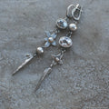 Geometric long pendant ear studs with antique silver plating and rhinestone XINGX detailing