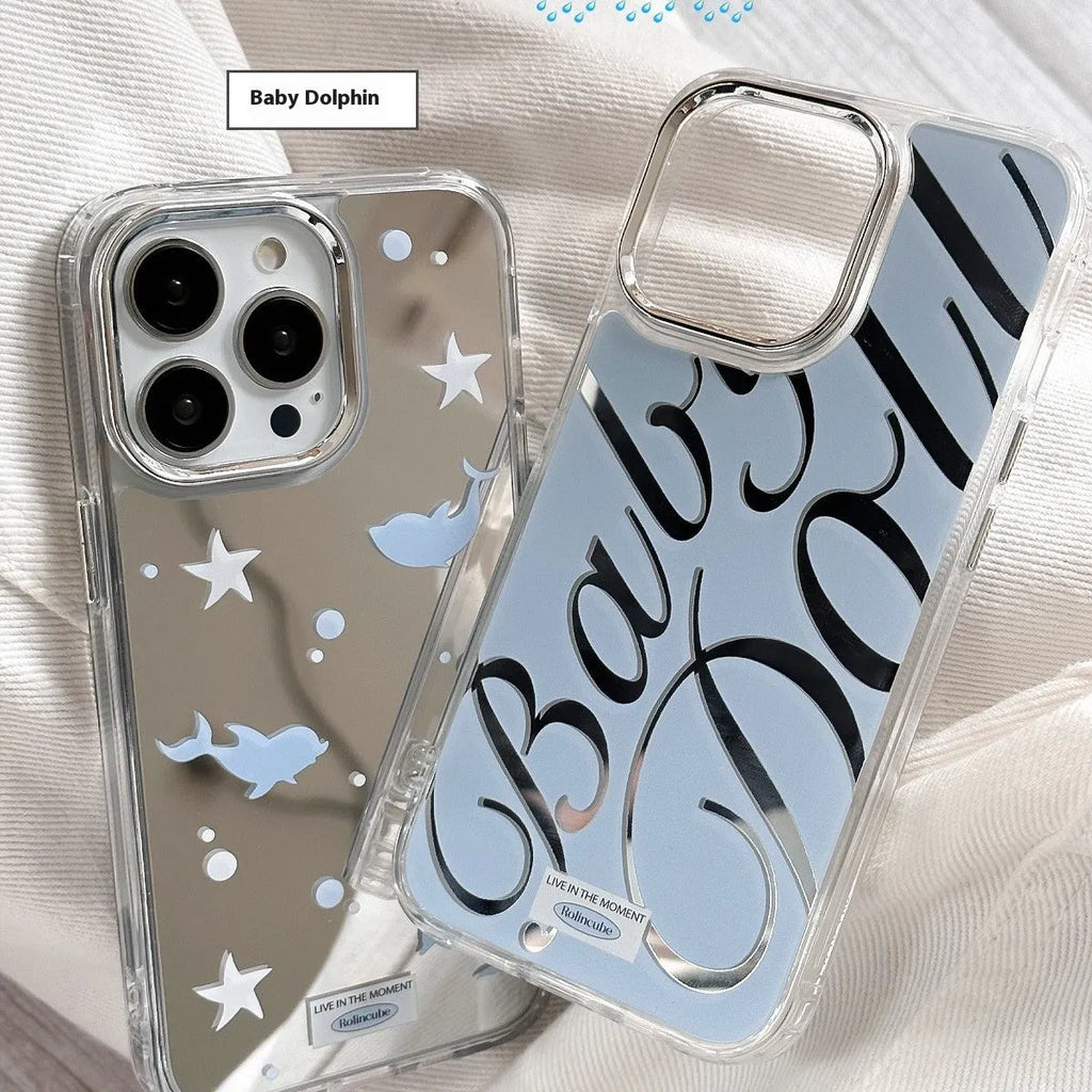 Transparent blue iPhone case with mirrored English letters and a frosted TPU finish.