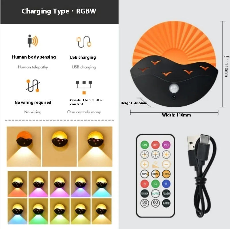 Remote control small night lamp with sunrise sea scene, rechargeable battery, 110x48.5mm, on a bedside table